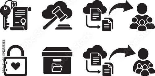 Cloud storage and data security icon set. Includes symbols for document sharing, legal compliance, secure access, and teamwork collaboration. Solid vector icons for business productivity and regulator