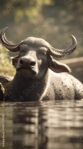 Buffalo relaxing in water natural habitat animal tranquil environment close-up view