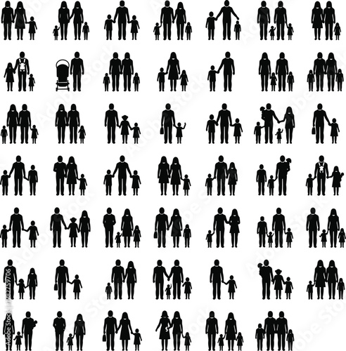 Silhouettes of diverse family groups with adults, children, strollers, and caregiving icons arranged in symbolic grid formation.