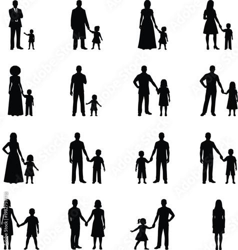 Silhouette grid of diverse parent‑child pairs showcasing family bonds, clothing styles, and everyday interactions in minimalist black figures.