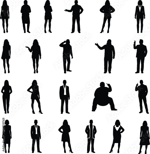 Silhouettes of diverse human figures in varied poses, standing, seated, gesturing, showcasing fashion outlines and expressive body stances.