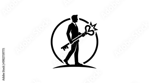 Vector Icon of Businessman Holding Large Key Envisioning Success and Opportunities