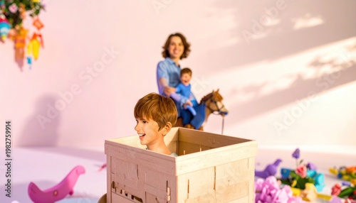 Joyful Mother and Children Playing with Toys in a Whimsical Room.