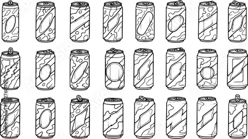 Food and Drink Industry Hand-drawn Black and White Line Art Beverage Cans Collection. Doodle Style Soda, Soft Drink, and Beer Containers.