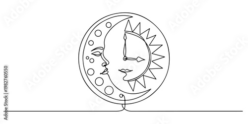 Continuous one line drawing of a sun and moon dial with shadows indicating the time, symbolizing ancient timepieces, line art style vector illustration.
