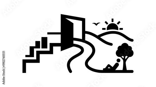 Icon of Open Door Leading to Nature Scene with Sun and Tree in Flat Design