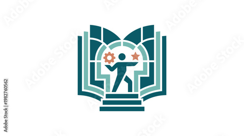 Vector Icon of Open Book with Gear and Abstract Human Silhouette in Modern Style