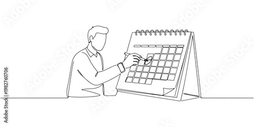 Continuous one line drawing of a pair of people circling dates on a calendar, representing anticipation and scheduling, line art style vector illustration.