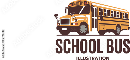 Yellow school bus with bold brown typography featuring the words school bus and isolated on a white background for educational and transportation projects