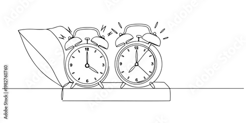 Continuous one line drawing of a pair of alarm clocks ringing on the bedside table, representing the urgency and rhythm of the day, line art style vector illustration.
