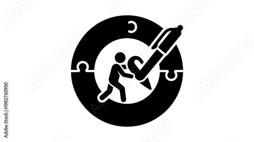 Icon of Team Collaboration and Productivity with Pen and Puzzle Piece in Circular Design