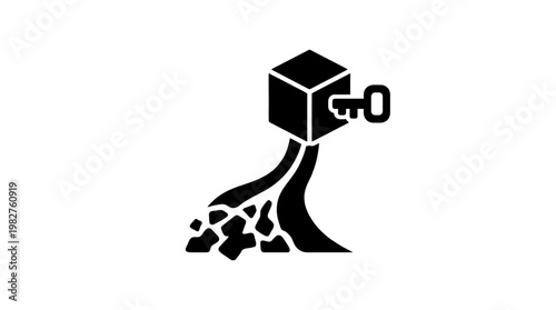 Icon of a Plant Growing from a Cube with Roots and Soil in a Modern Style