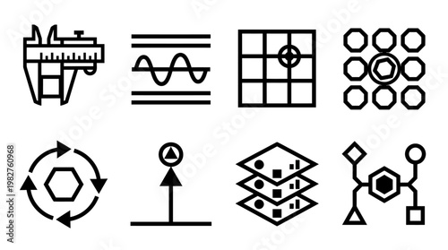 Vector Icon Set of Data Processing and Technology Symbols for Digital Interface Design