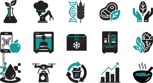Sustainable business and technology solid icon set. Includes symbols for eco-friendly practices, renewable energy, green innovation, and digital solutions. Vector icons for environmental sustainabilit