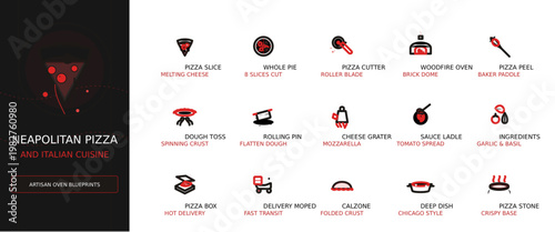 Neapolitan Pizza and Italian Cuisine Icons Set Modern Food Preparation and Delivery Symbols