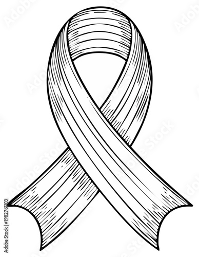 Vector illustration of ribbon with woodcut style lines as a symbol of support.