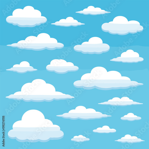 Collection of various white fluffy clouds isolated on a bright blue sky background featuring multiple shapes and sizes of cumulus cloud formations in a flat style for sky