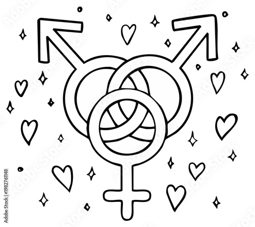 Interconnected Gender Symbols with Hearts and Stars