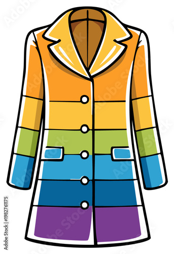 Stylized rainbow gradient coat illustration fashion outerwear with collar and pockets for creative designs and colorful visuals