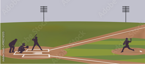 Baseball stadium scene with batter pitcher umpire vector illustration