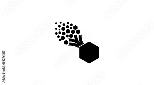 Icon of a Crushed Hexagonal Cube with Particle Dispersion for Digital Concept