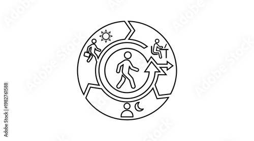 Icon of Human Walking Inside Circular Cycle with Life and Time Symbols, Vector Illustration
