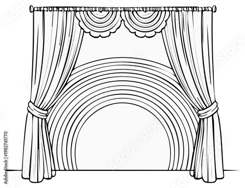 Art Deco Stage Curtains with Circular Design, Elegant Interior Illustration