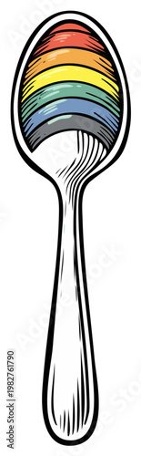 Hand Drawn Silver Spoon Holding a Rainbow Food Illustration Symbol of Pride