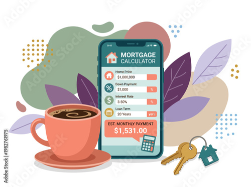 Mortgage calculator app on smartphone with coffee and house keys