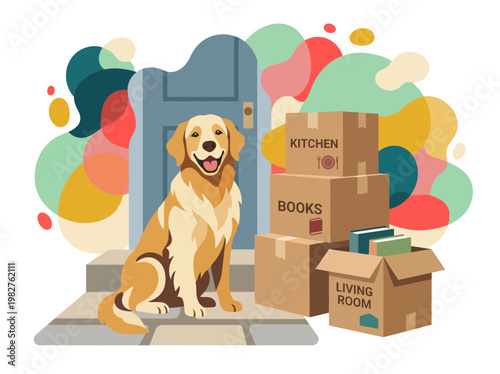 Golden Retriever Sitting on Doorstep with Moving Boxes for New Home