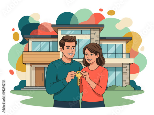 Happy Couple Holding Keys in Front of Modern Family Home