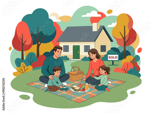Happy Family Having Picnic on Lawn of New Sold Home