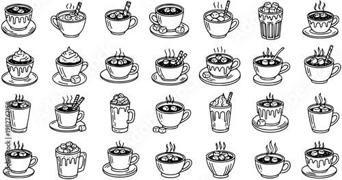 Food  Drink Hot Chocolate and Coffee Mugs Collection - Hand Drawn Black  White Line Art Doodle Cups with Marshmallows and Whipped Cream Icons Set