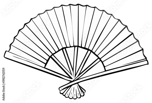 Elegant Handheld Fan Outline Drawing with Pleated Fabric and Wooden Ribs