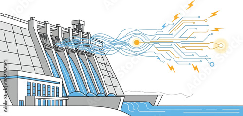 Hydroelectric dam structure generating clean electrical power through digital circuitry represented by flowing lines and glowing yellow lightning bolt icons