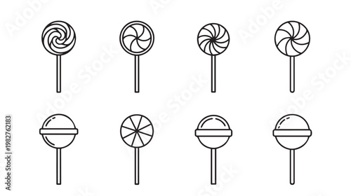 Set of eight stylized lollipops in various designs outlined on a white background