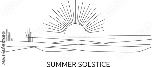 Minimalist line art drawing of a rising sun over a desert landscape during the bright and beautiful summer solstice season