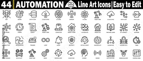 Automation line art icons. Representing technology, robotics, artificial intelligence, and future innovation concepts for digital use, vector illustration.