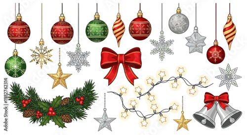 Christmas Ornaments, Garland, Bells, Bow, Lights, Snowflakes, Stars - Festive Decorations Collection