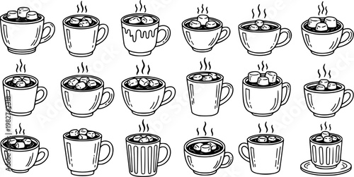 Black and White Line Art Collection of Hot Chocolate Mugs with Marshmallows, Vector Icons