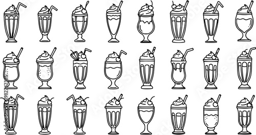 Food and Beverage Industry Milkshakes Black  White Line Art Icon Set. Hand-drawn outline collection of various creamy dessert drinks with whipped cream and straws.