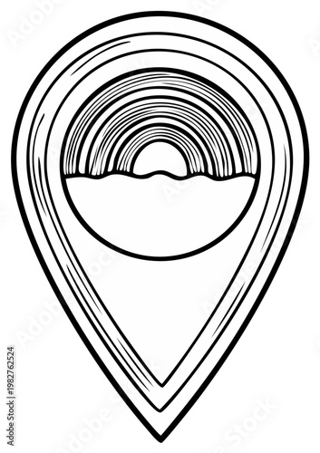 Pinpoint Map Locator with Sunrise over Water Linear Icon Style