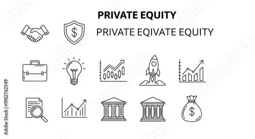 Private Equity Icons: Handshake, Shield, Briefcase, Idea, Charts, Rocket, Bank, Money Bag