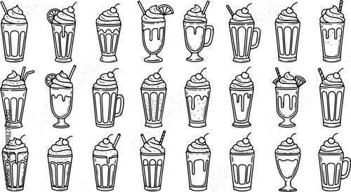 Food and Drink Black  White Line Art: Hand-drawn Milkshakes and Smoothies Collection. Outline Icons of Sweet Beverages with Whipped Cream and Toppings.