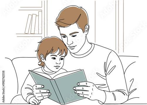 Loving father tenderly reads a captivating storybook to his young son, fostering a bond of shared learning and connection at home.