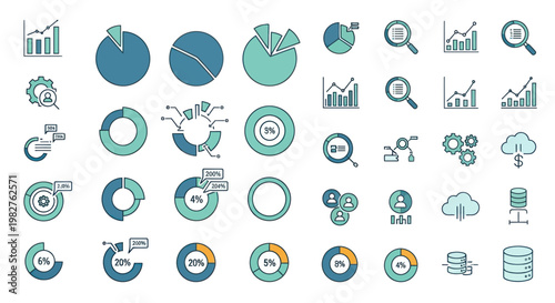 Data Analysis Icons: Charts, Graphs, Pie Charts, Magnifying Glass, Cloud, Gears