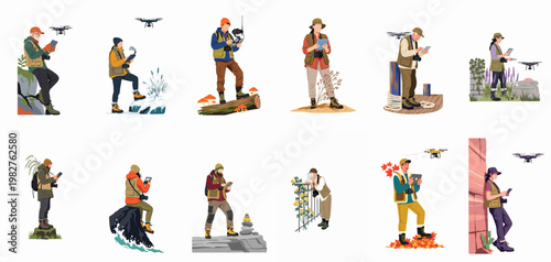 Illustration set of diverse people operating drones in various outdoor landscapes like mountains, forests, and coastal areas for photography and videography.
