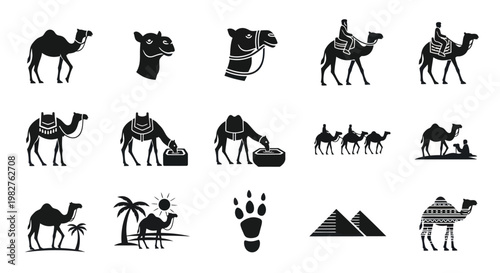Camel Caravan Icons: Desert Travel, Silhouette Animals, Egyptian Pyramids, Oasis Scenes