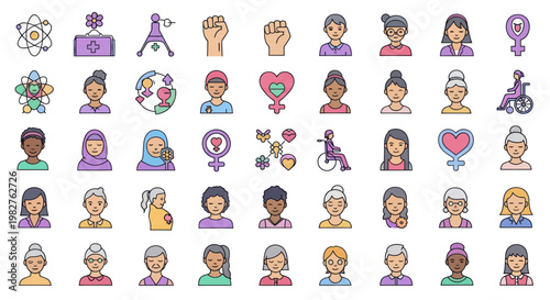 Diverse Women Icons: Empowerment, Unity, Feminism, Strength, Equality, Diversity Collection