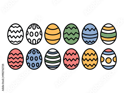 Easter eggs with colorful patterns sit in a neat row for seasonal holiday display.